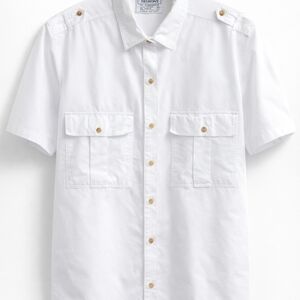 Men’s White Casual Boat Beach Button Down  100% Cotton | Short Sleeve | Size M